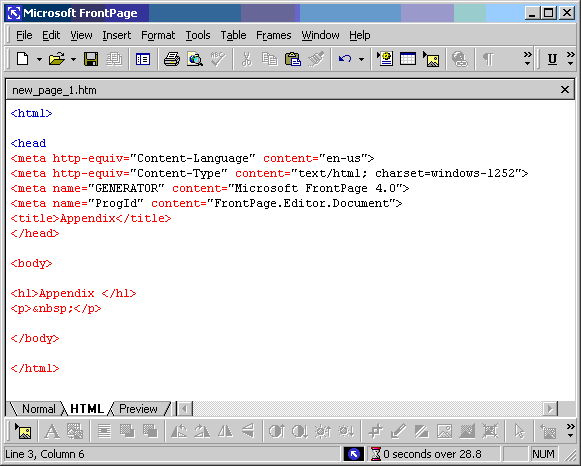 Screenshot of Frontpage2000 showing the red font used to indicate syntax errors