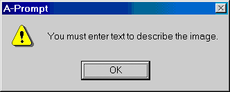 Screenshot of dialog saying you must enter text to describe this image